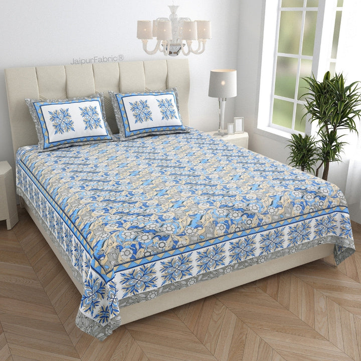 Fresh & Frisky Colourful Dales Blue and Gracious Spread Grey Pure Cotton King Size Bedsheet Combo of 3