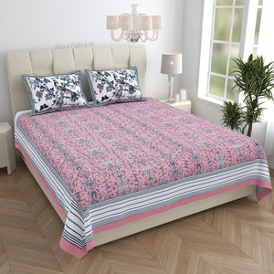 Peacock Park Pink Pure Cotton King Size Bedsheet