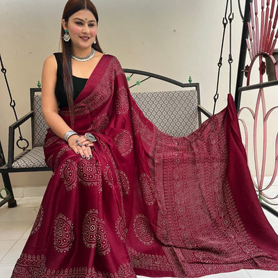 Modal Silk Ajrakh Print Premium Saree
