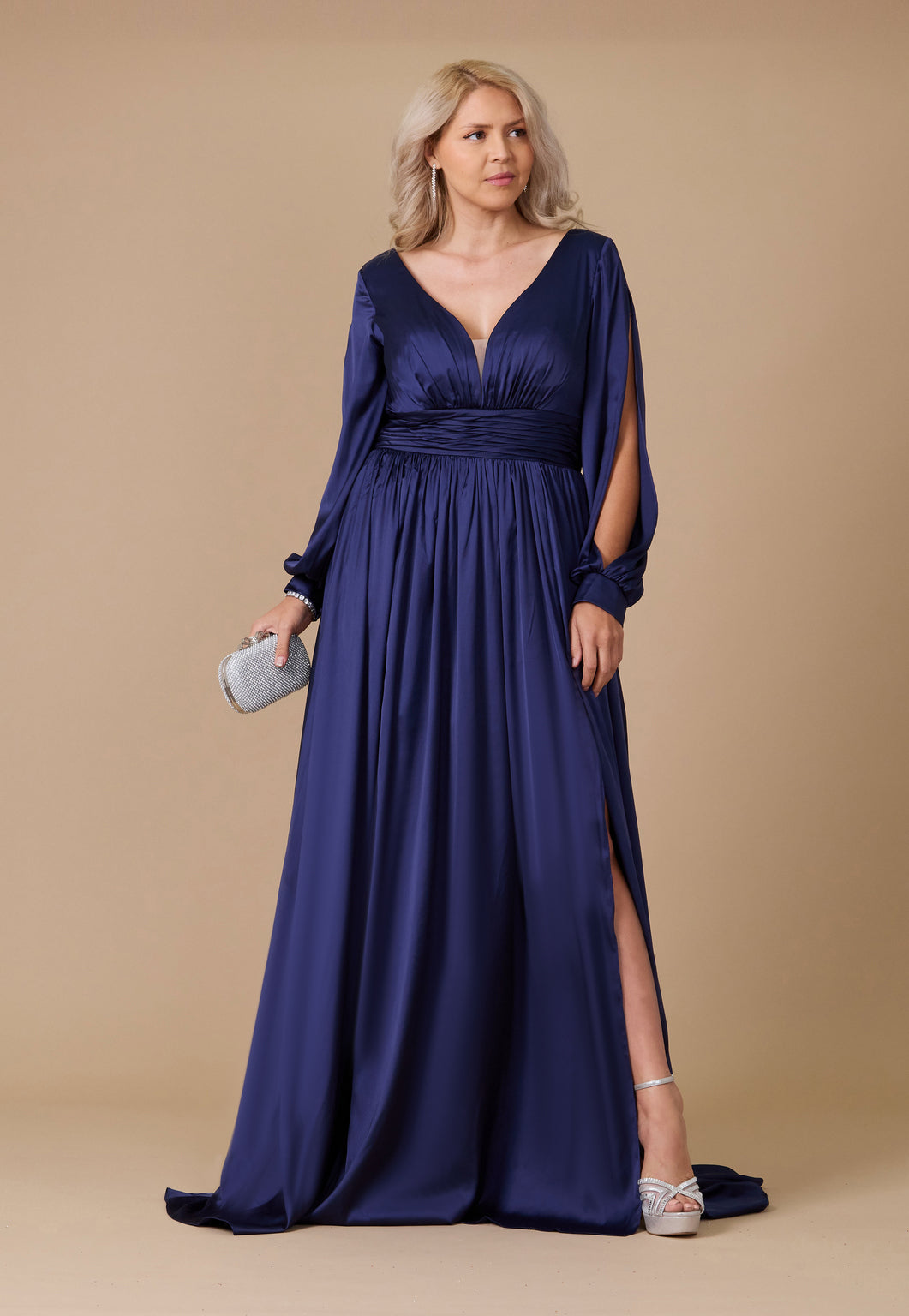 Dylan & Davids Long Open Sleeve Satin Formal Dress