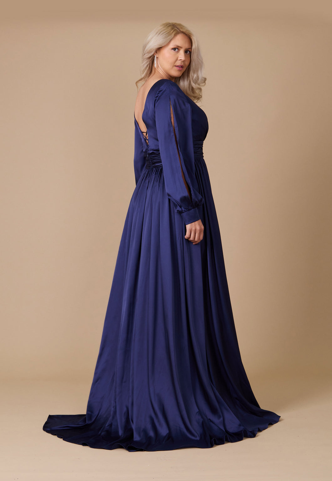 Dylan & Davids Long Open Sleeve Satin Formal Dress