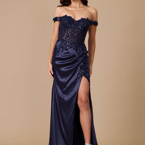 Fitted Corset Off the Shoulder Formal Prom Dress Navy