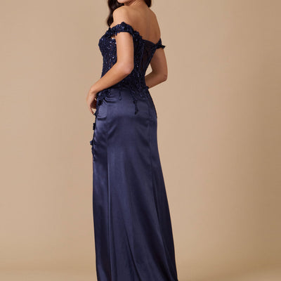 Fitted Corset Off the Shoulder Formal Prom Dress Navy