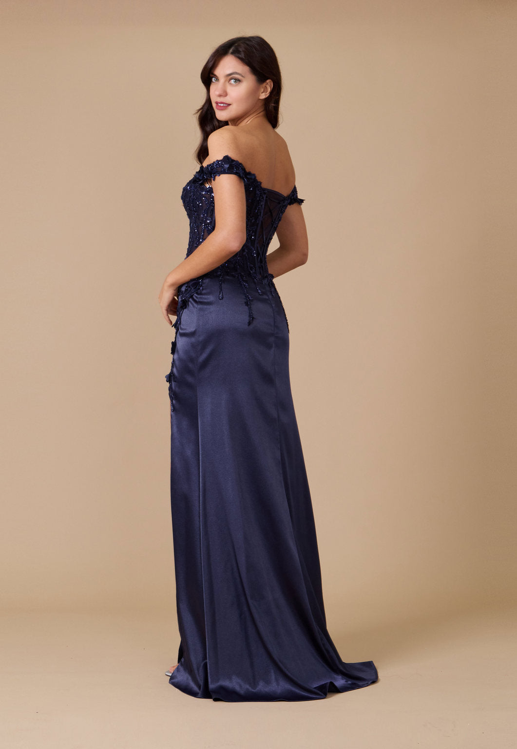 Fitted Corset Off the Shoulder Formal Prom Dress Navy