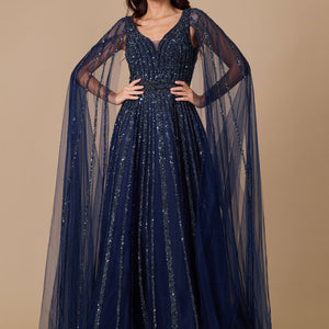 Dylan & Davids Cape Sleeve Heavy Beaded Couture Formal Dress