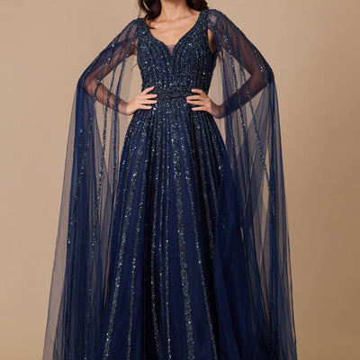 Dylan & Davids Cape Sleeve Heavy Beaded Couture Formal Dress