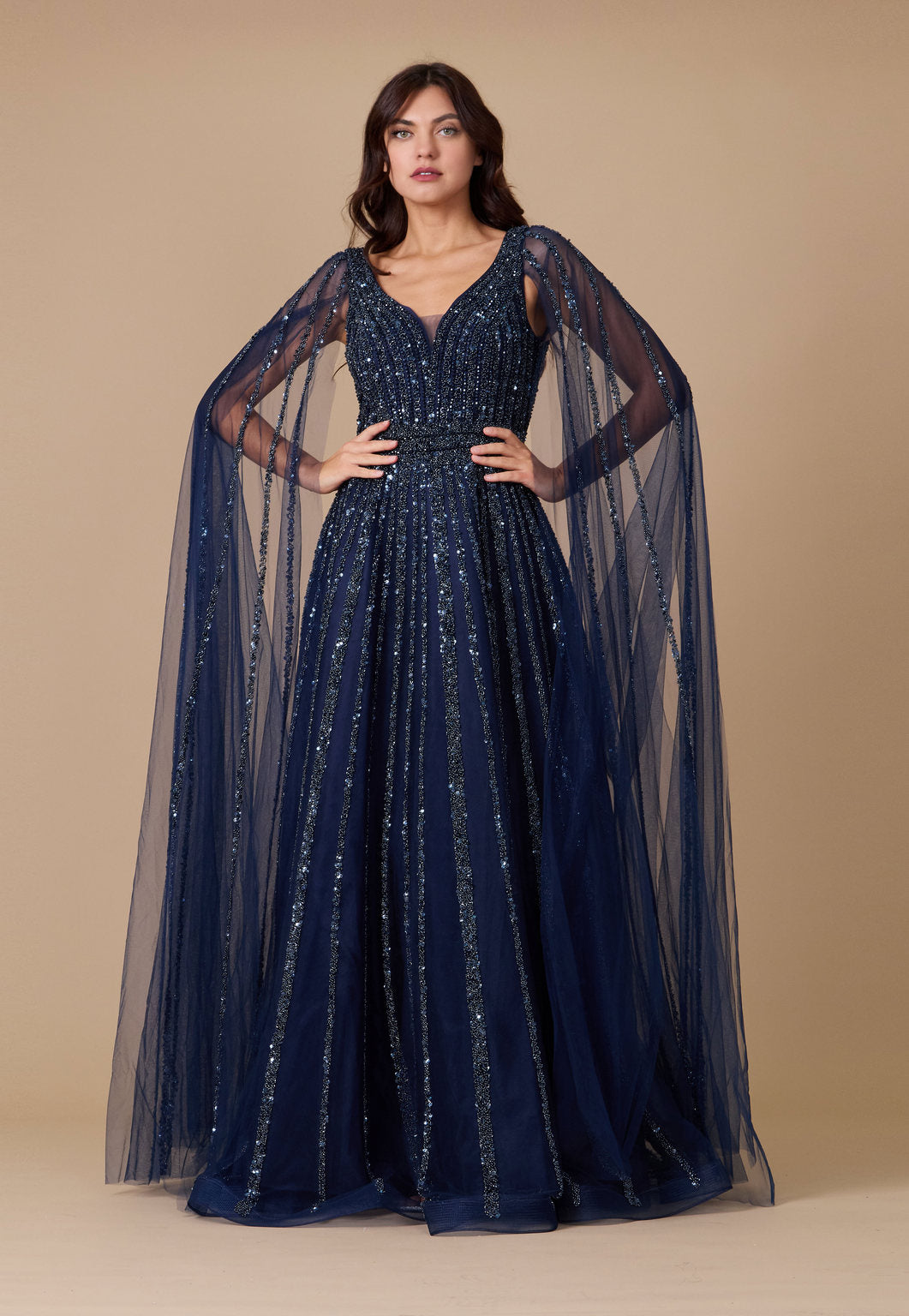 Dylan & Davids Cape Sleeve Heavy Beaded Couture Formal Dress