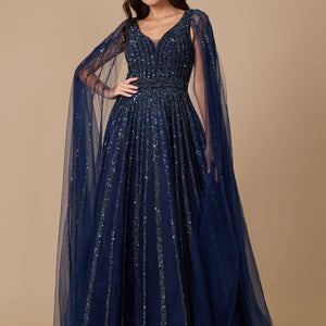 Dylan & Davids Cape Sleeve Heavy Beaded Couture Formal Dress