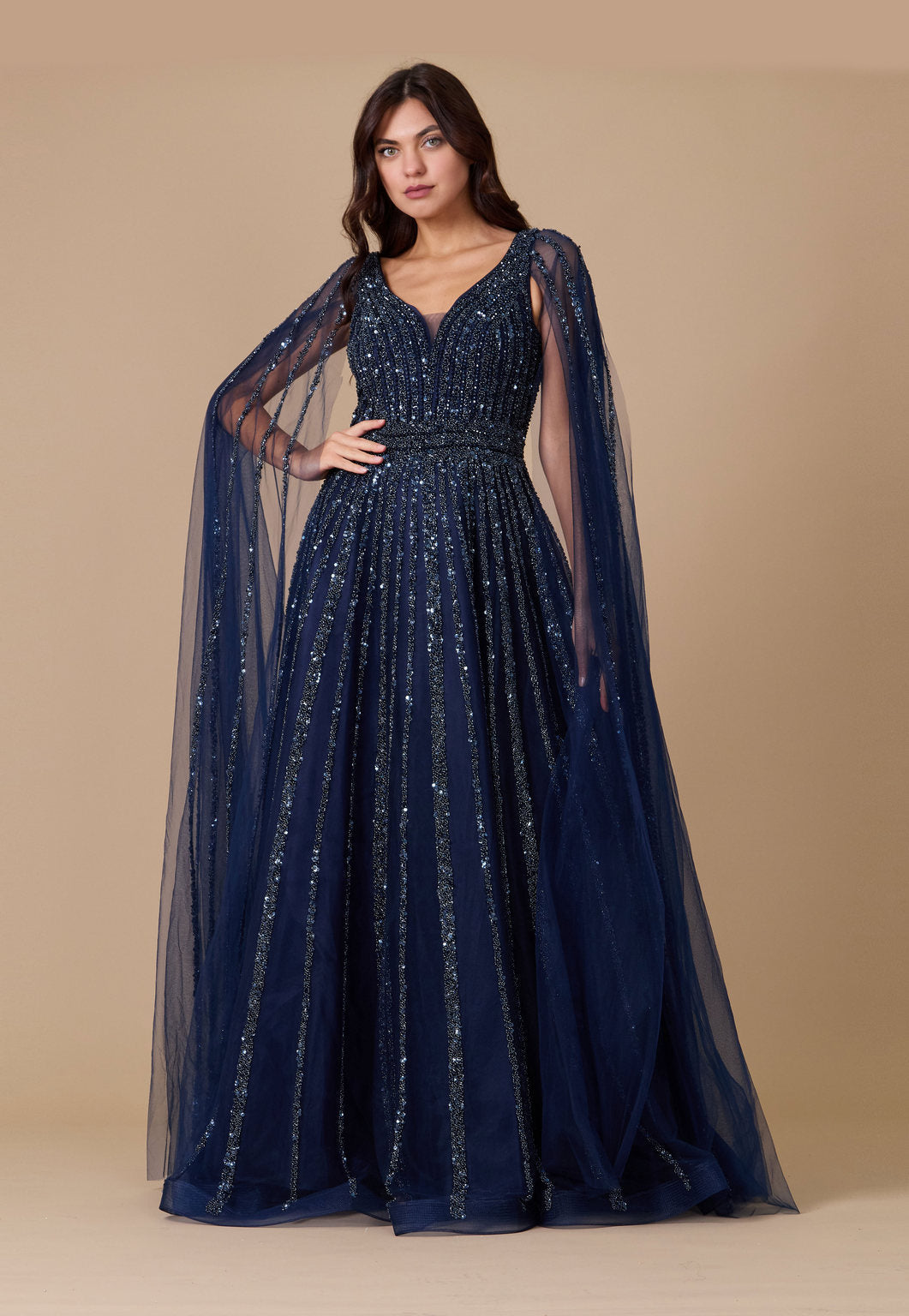 Dylan & Davids Cape Sleeve Heavy Beaded Couture Formal Dress