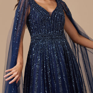 Dylan & Davids Cape Sleeve Heavy Beaded Couture Formal Dress
