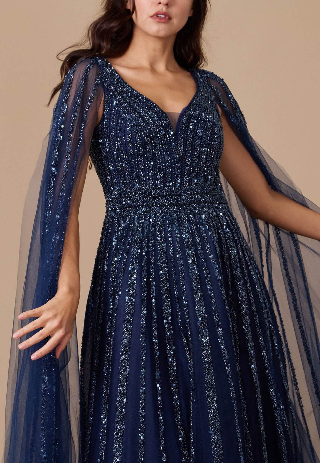 Dylan & Davids Cape Sleeve Heavy Beaded Couture Formal Dress