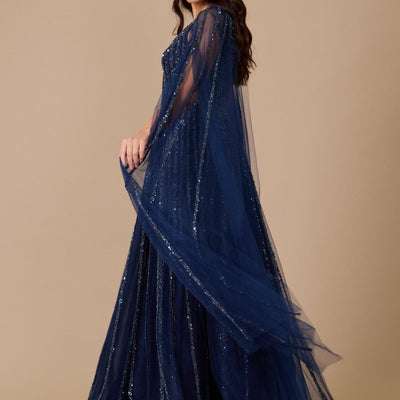 Dylan & Davids Cape Sleeve Heavy Beaded Couture Formal Dress