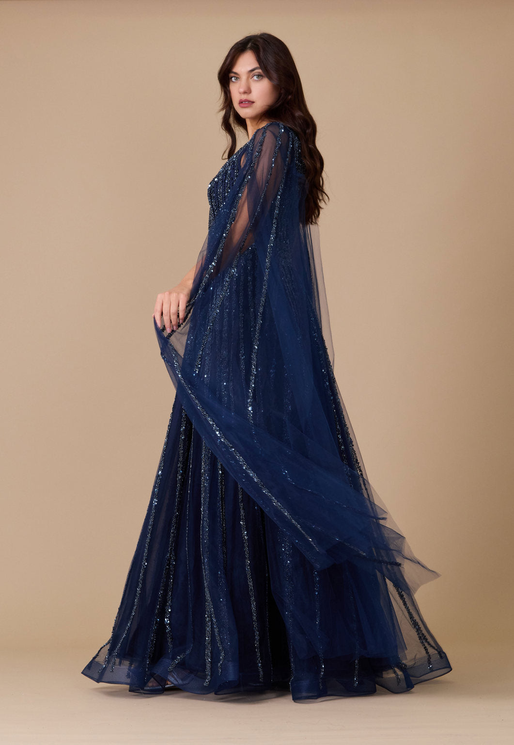 Dylan & Davids Cape Sleeve Heavy Beaded Couture Formal Dress