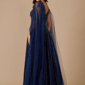 Dylan & Davids Cape Sleeve Heavy Beaded Couture Formal Dress