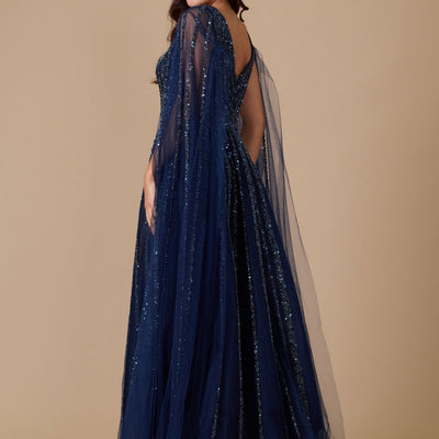 Dylan & Davids Cape Sleeve Heavy Beaded Couture Formal Dress