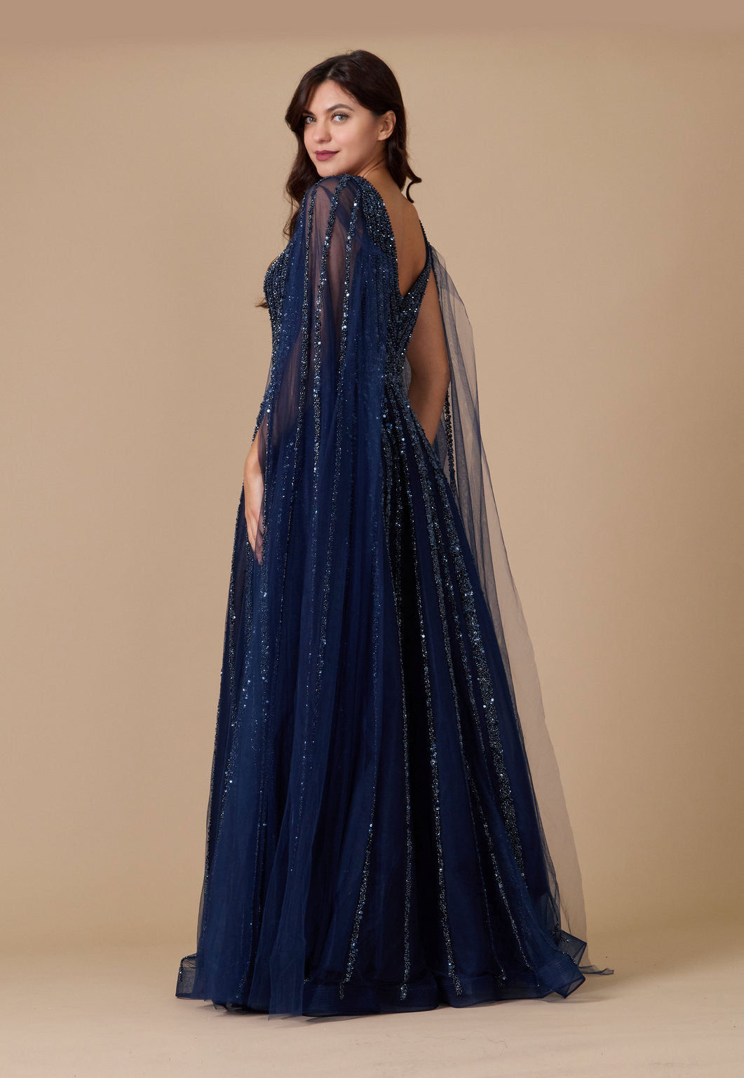 Dylan & Davids Cape Sleeve Heavy Beaded Couture Formal Dress