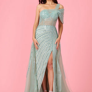 Dylan & Davids Long Couture Hand Beaded Cold Shoulder Formal Dress Sage