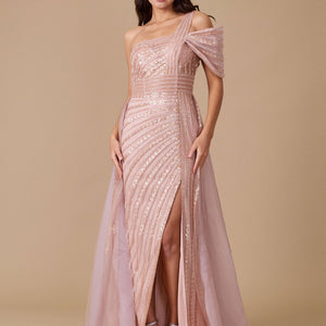 Dylan & Davids Long Couture Hand Beaded Cold Shoulder Formal Dress Rose Gold