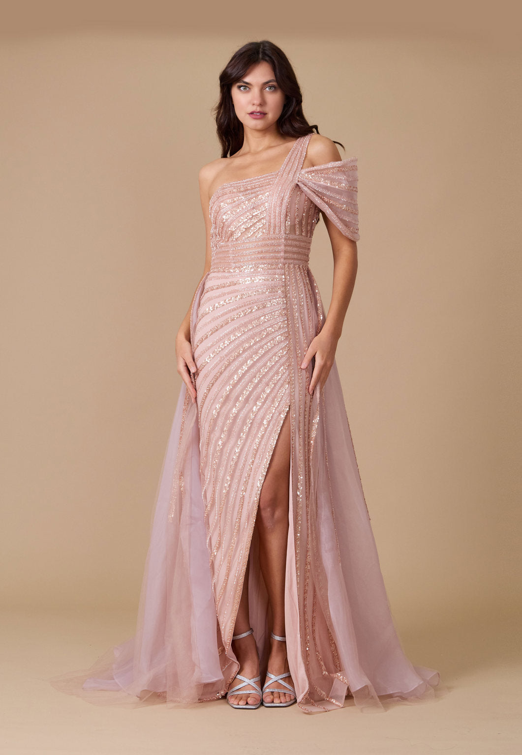 Dylan & Davids Long Couture Hand Beaded Cold Shoulder Formal Dress Rose Gold