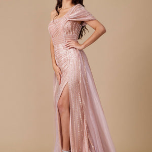 Dylan & Davids Long Couture Hand Beaded Cold Shoulder Formal Dress Rose Gold