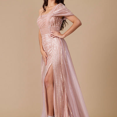 Dylan & Davids Long Couture Hand Beaded Cold Shoulder Formal Dress Rose Gold