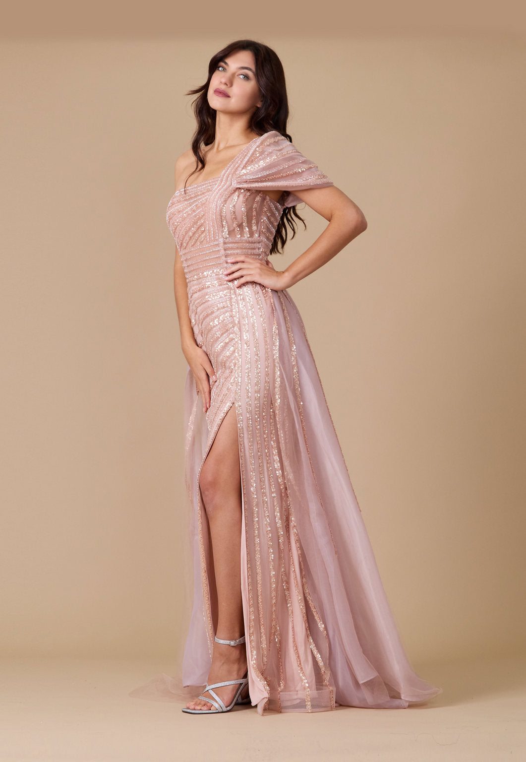 Dylan & Davids Long Couture Hand Beaded Cold Shoulder Formal Dress Rose Gold