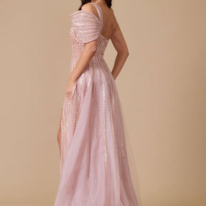 Dylan & Davids Long Couture Hand Beaded Cold Shoulder Formal Dress Rose Gold