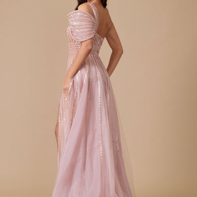 Dylan & Davids Long Couture Hand Beaded Cold Shoulder Formal Dress Rose Gold