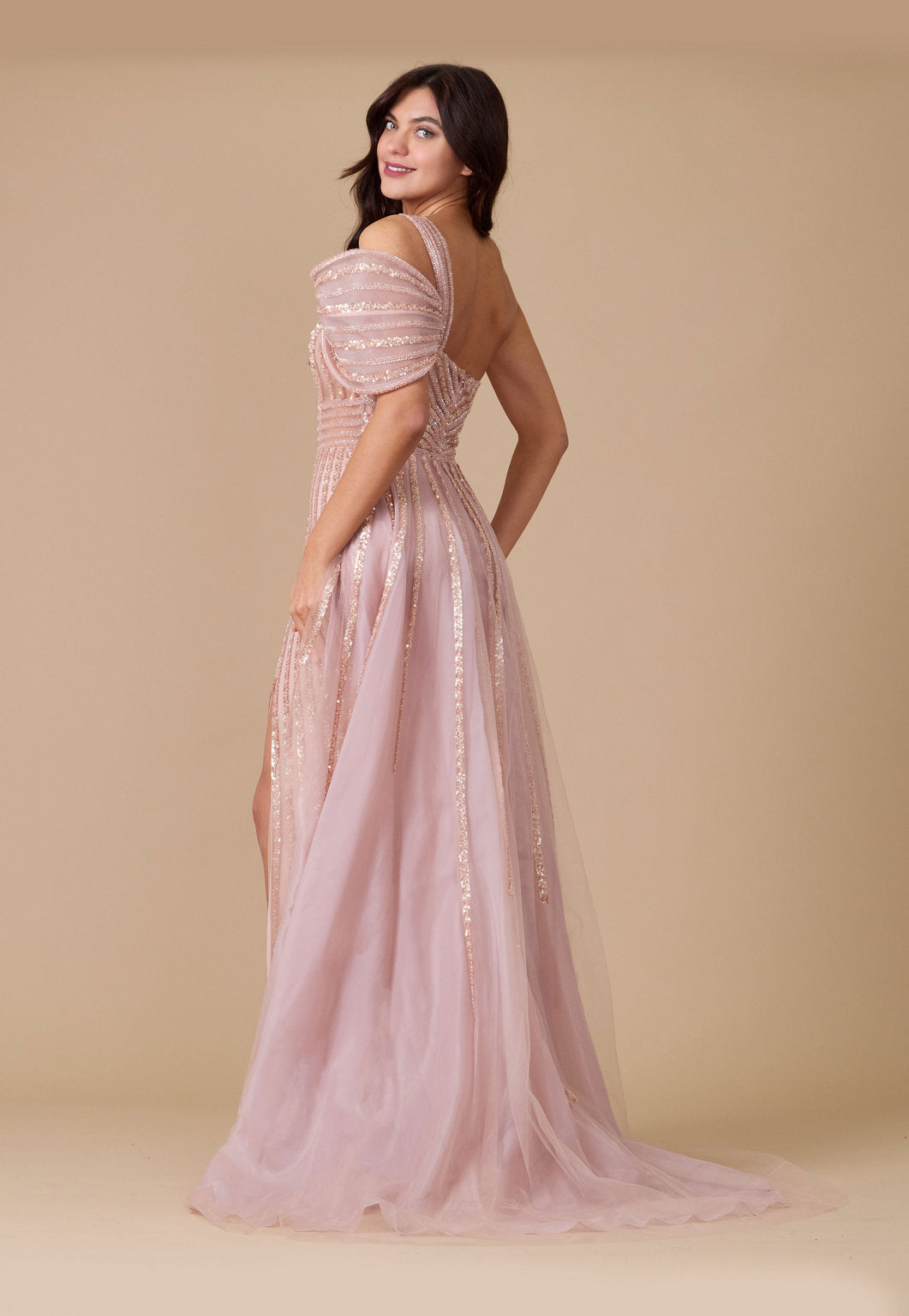 Dylan & Davids Long Couture Hand Beaded Cold Shoulder Formal Dress Rose Gold