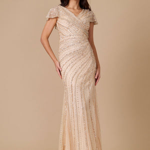 Dylan & Davids Short Sleeve Hand Beaded Formal Couture Dress Gold