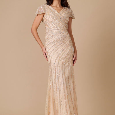 Dylan & Davids Short Sleeve Hand Beaded Formal Couture Dress Gold