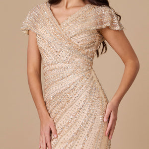 Dylan & Davids Short Sleeve Hand Beaded Formal Couture Dress Gold