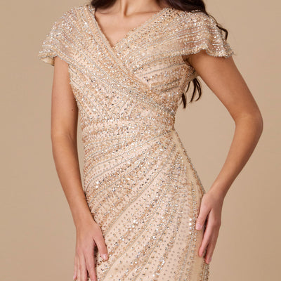Dylan & Davids Short Sleeve Hand Beaded Formal Couture Dress Gold