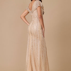 Dylan & Davids Short Sleeve Hand Beaded Formal Couture Dress Gold