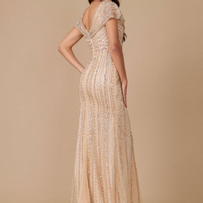 Dylan & Davids Short Sleeve Hand Beaded Formal Couture Dress Gold