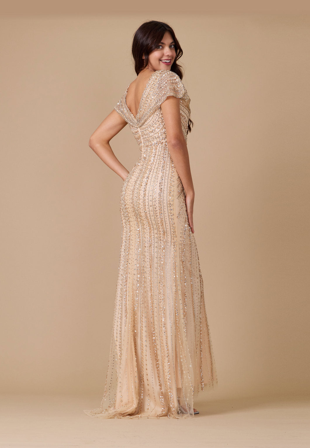 Dylan & Davids Short Sleeve Hand Beaded Formal Couture Dress Gold
