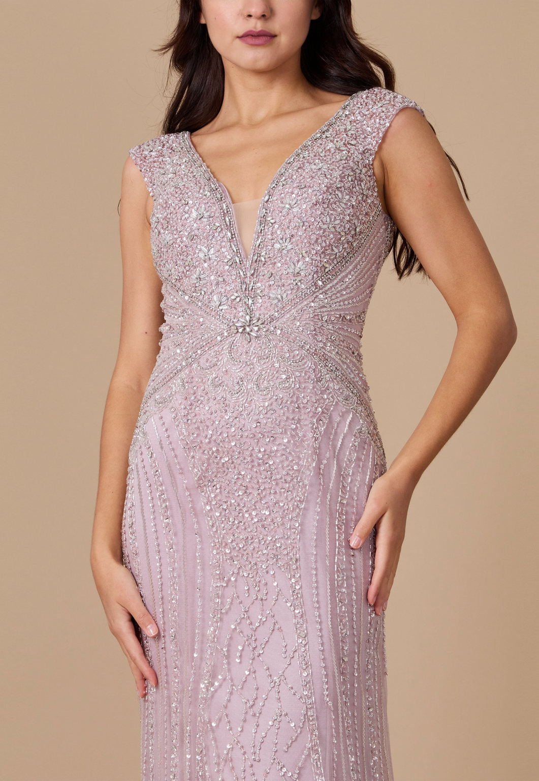 Dylan & Davids Long Hand Beaded Couture Formal Evening Dress