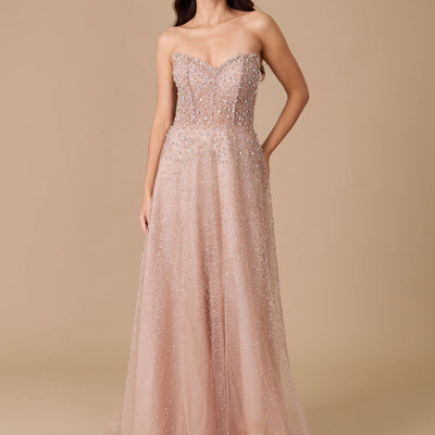 Dylan & Davids Long Strapless Hand Beaded Formal Couture Dress
