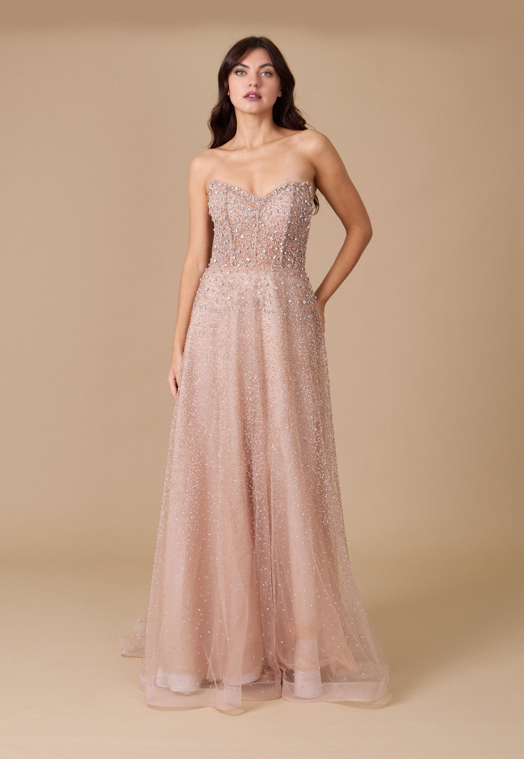 Dylan & Davids Long Strapless Hand Beaded Formal Couture Dress