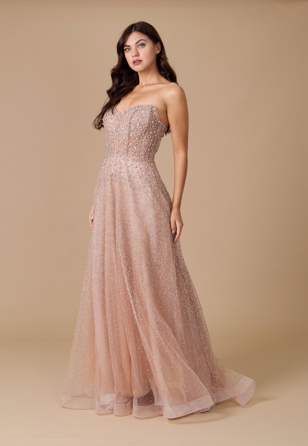 Dylan & Davids Long Strapless Hand Beaded Formal Couture Dress