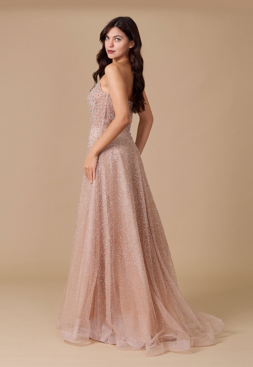 Dylan & Davids Long Strapless Hand Beaded Formal Couture Dress