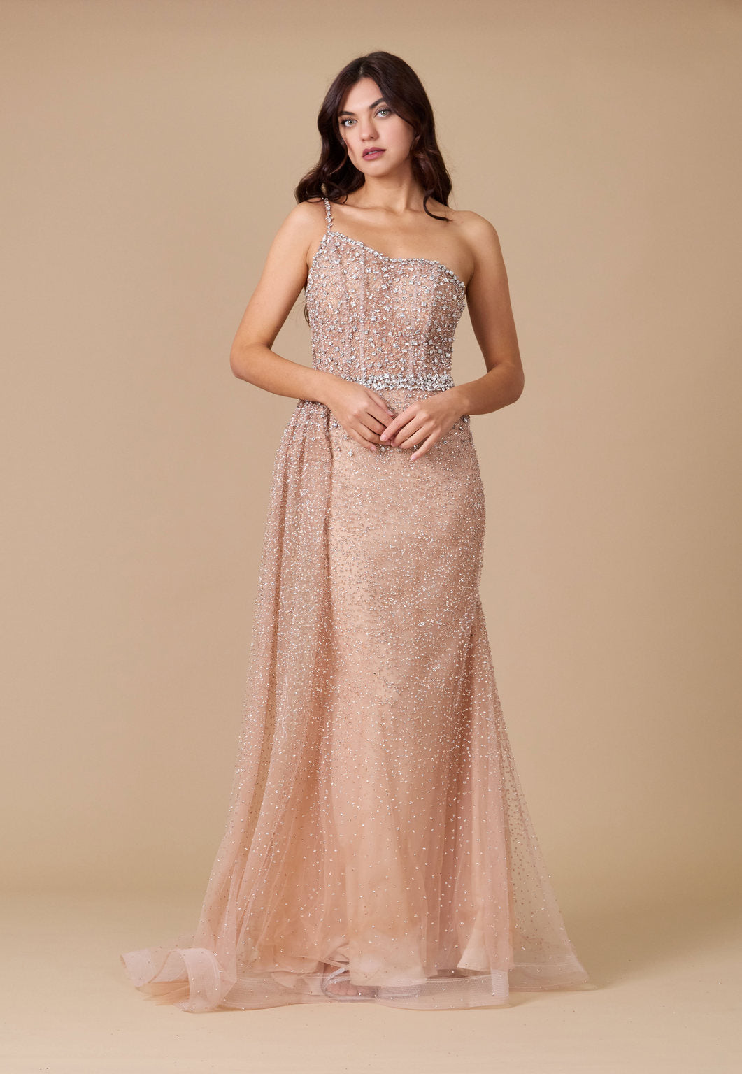 Dylan & Davids Off Shoulder Hand Beaded Couture Evening Dress