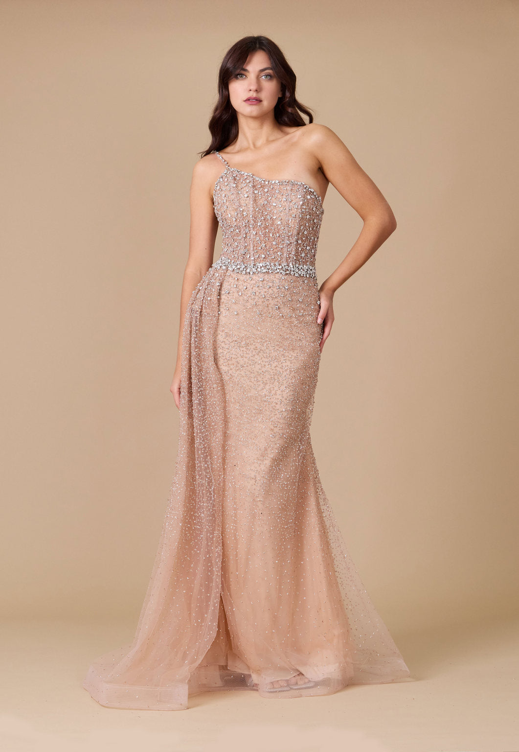 Dylan & Davids Off Shoulder Hand Beaded Couture Evening Dress