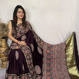 Modal Silk Original Hand Blocked Ajrakh work Lagdi Pallu Saree