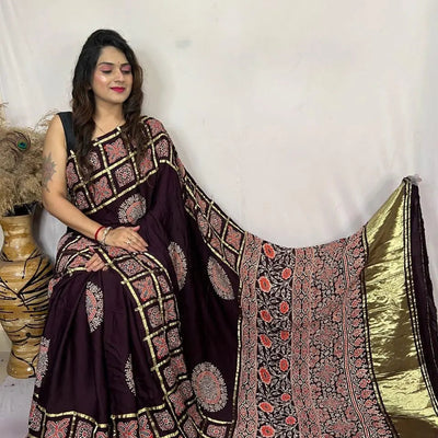 Modal Silk Original Hand Blocked Ajrakh work Lagdi Pallu Saree