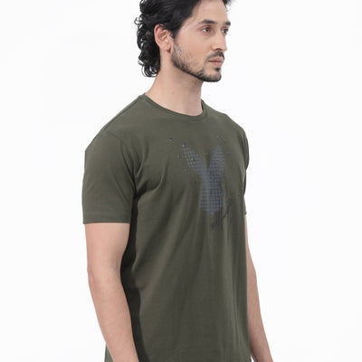 Rare Rabbit Articale Mens Del Olive Cotton Polyester Fabric Short Sleeve Crew Neck Regular Fit Printed T-Shirt