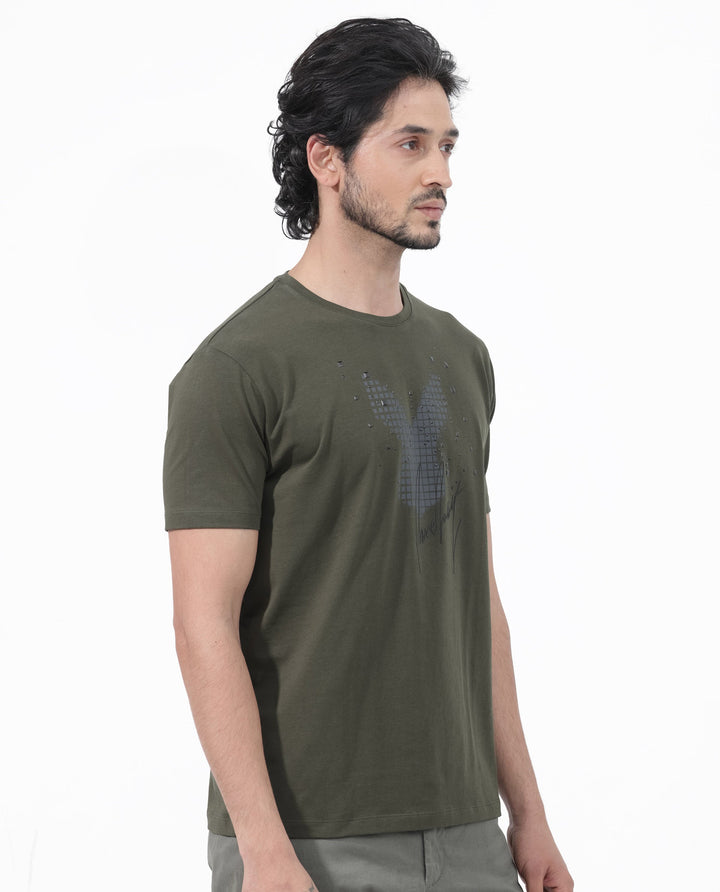 Rare Rabbit Articale Mens Del Olive Cotton Polyester Fabric Short Sleeve Crew Neck Regular Fit Printed T-Shirt