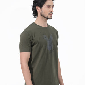 Rare Rabbit Articale Mens Del Olive Cotton Polyester Fabric Short Sleeve Crew Neck Regular Fit Printed T-Shirt