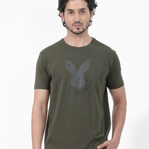 Rare Rabbit Articale Mens Del Olive Cotton Polyester Fabric Short Sleeve Crew Neck Regular Fit Printed T-Shirt