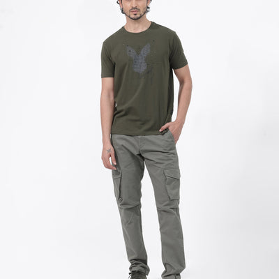 Rare Rabbit Articale Mens Del Olive Cotton Polyester Fabric Short Sleeve Crew Neck Regular Fit Printed T-Shirt